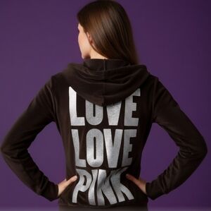 Love Pink Victoria Secret VELOUR Black Zip Up Hoodie
